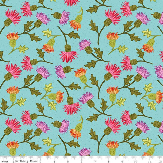 Image of Zinnias Thistles Aqua quilting cotton fabric by Lila Tueller for Riley Blake Designs. Features flowers on blue background. Cute Little Fabric Shop