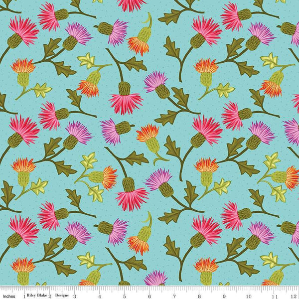 Image of Zinnias Thistles Aqua quilting cotton fabric by Lila Tueller for Riley Blake Designs. Features flowers on blue background. Cute Little Fabric Shop
