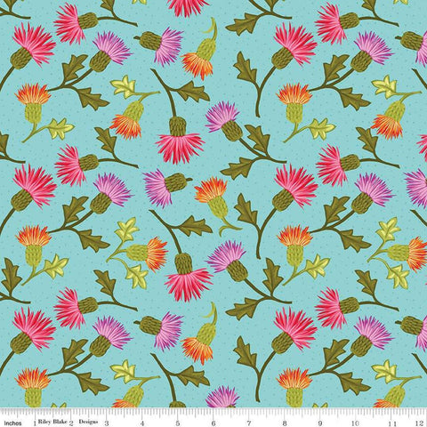 Image of Zinnias Thistles Aqua quilting cotton fabric by Lila Tueller for Riley Blake Designs. Features flowers on blue background. Cute Little Fabric Shop