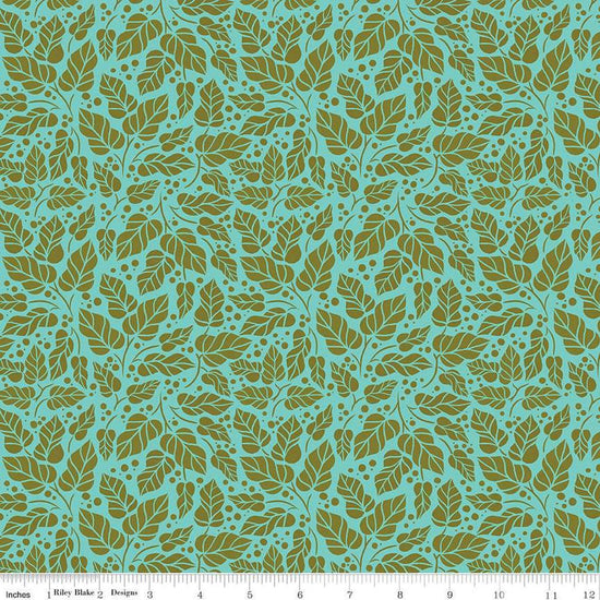 Image of Zinnias Zinnia Leaves Aqua quilting cotton fabric by Lila Tueller for Riley Blake Designs. Features leaves on blue background. Cute Little Fabric Shop
