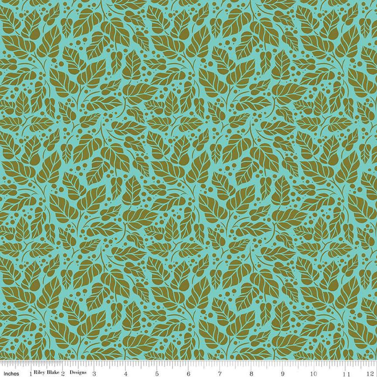 Image of Zinnias Zinnia Leaves Aqua quilting cotton fabric by Lila Tueller for Riley Blake Designs. Features leaves on blue background. Cute Little Fabric Shop