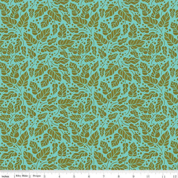 Image of Zinnias Zinnia Leaves Aqua quilting cotton fabric by Lila Tueller for Riley Blake Designs. Features leaves on blue background. Cute Little Fabric Shop