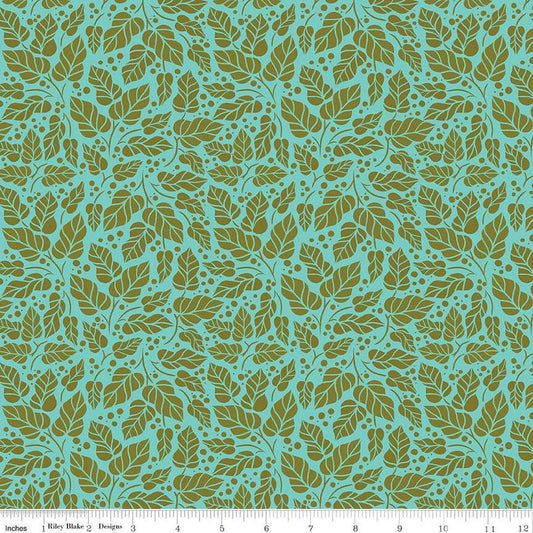 Image of Zinnias Zinnia Leaves Aqua quilting cotton fabric by Lila Tueller for Riley Blake Designs. Features leaves on blue background. Cute Little Fabric Shop