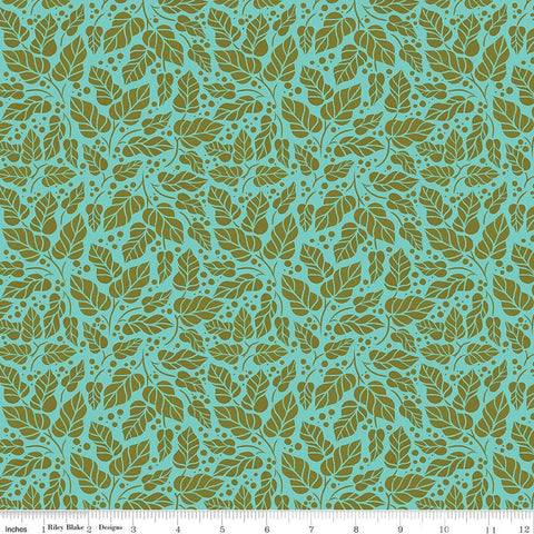 Image of Zinnias Zinnia Leaves Aqua quilting cotton fabric by Lila Tueller for Riley Blake Designs. Features leaves on blue background. Cute Little Fabric Shop