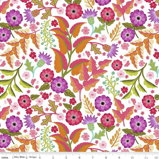 Image of Zinnias Floral White quilting cotton fabric by Lila Tueller for Riley Blake Designs. Features flowers on white background. Cute Little Fabric Shop