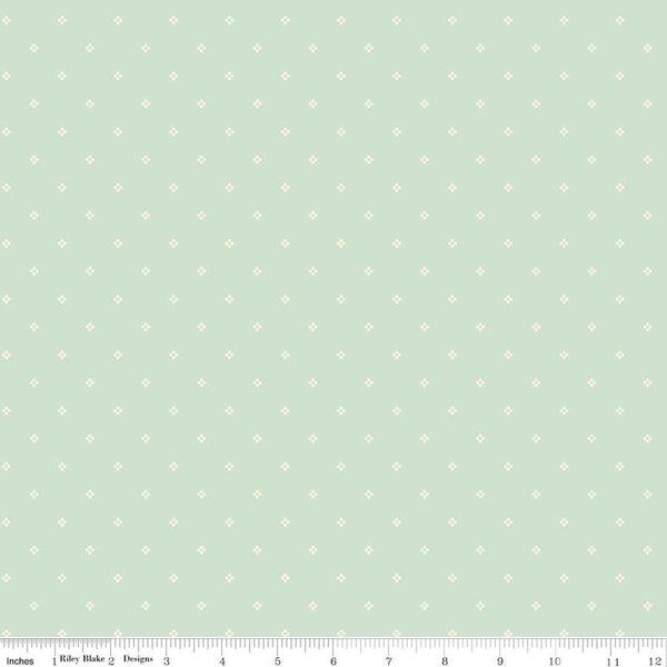 Image of Rose & Violet's Bouquet Des Fleurs Dots Mint quilting cotton fabric by Miss Rose Sister Violet for Riley Blake Designs. Features dots on a green background. Cute Little Fabric Shop