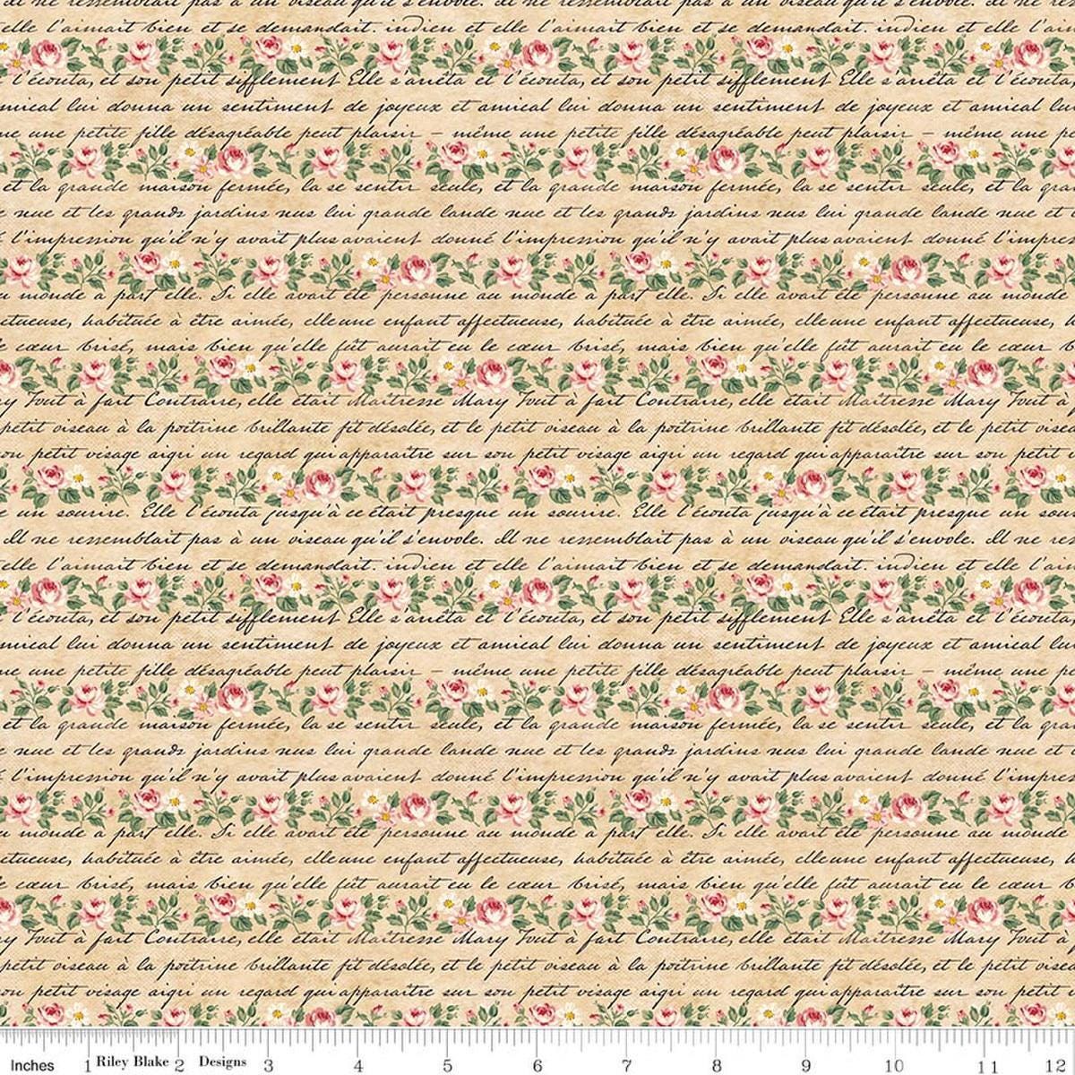 Image of Rose & Violet's Bouquet Des Fleurs Poeme Parchment quilting cotton fabric by Miss Rose Sister Violet for Riley Blake Designs. Features flowers on a beige background. Cute Little Fabric Shop