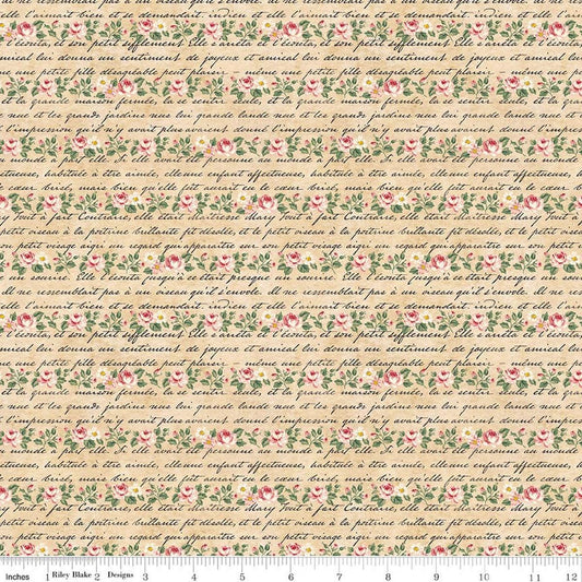 Image of Rose & Violet's Bouquet Des Fleurs Poeme Parchment quilting cotton fabric by Miss Rose Sister Violet for Riley Blake Designs. Features flowers on a beige background. Cute Little Fabric Shop