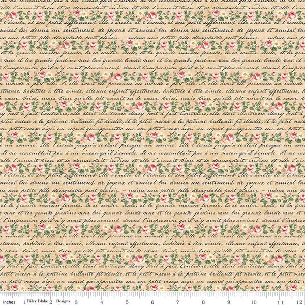 Image of Rose & Violet's Bouquet Des Fleurs Poeme Parchment quilting cotton fabric by Miss Rose Sister Violet for Riley Blake Designs. Features flowers on a beige background. Cute Little Fabric Shop