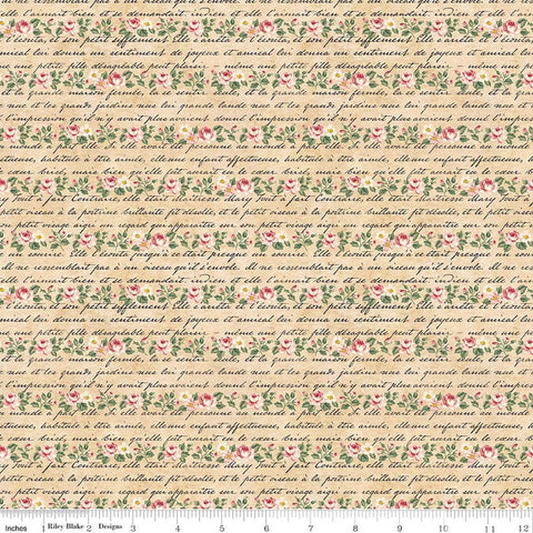 Image of Rose & Violet's Bouquet Des Fleurs Poeme Parchment quilting cotton fabric by Miss Rose Sister Violet for Riley Blake Designs. Features flowers on a beige background. Cute Little Fabric Shop