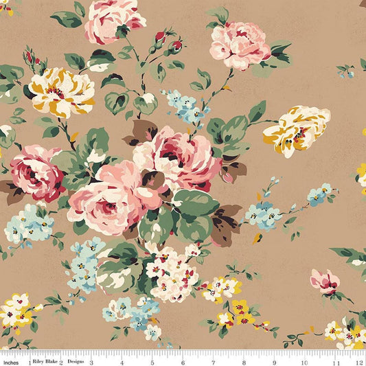 Image of Rose & Violet's Bouquet Des Fleurs Main Tan quilting cotton fabric by Miss Rose Sister Violet for Riley Blake Designs. Features flowers on a brown background. Cute Little Fabric Shop