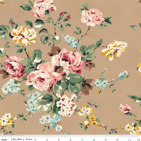 Image of Rose & Violet's Bouquet Des Fleurs Main Tan quilting cotton fabric by Miss Rose Sister Violet for Riley Blake Designs. Features flowers on a brown background. Cute Little Fabric Shop