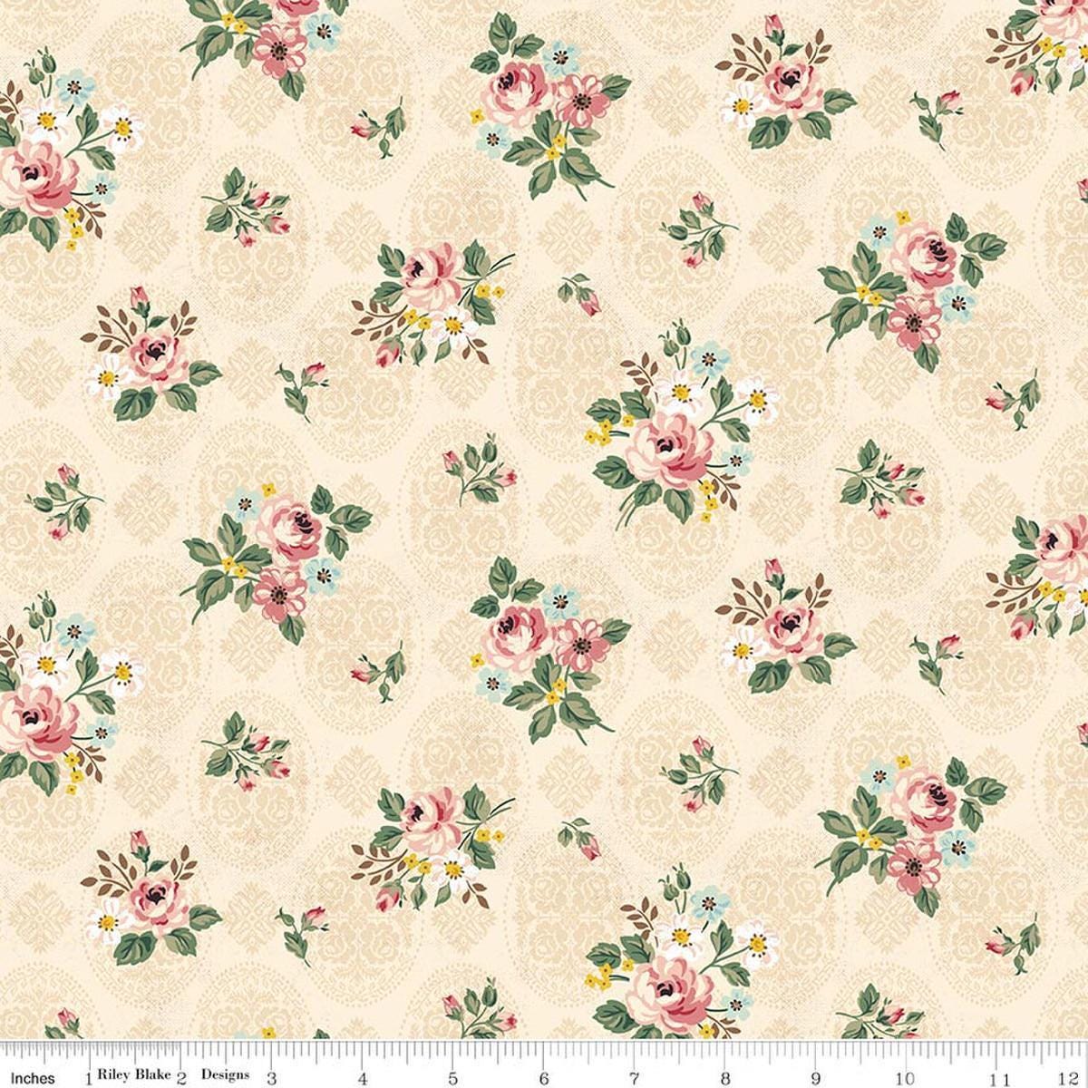 Image of Rose & Violet's Bouquet Des Fleurs Posy Cream quilting cotton fabric by Miss Rose Sister Violet for Riley Blake Designs. Features flowers on a cream background. Cute Little Fabric Shop