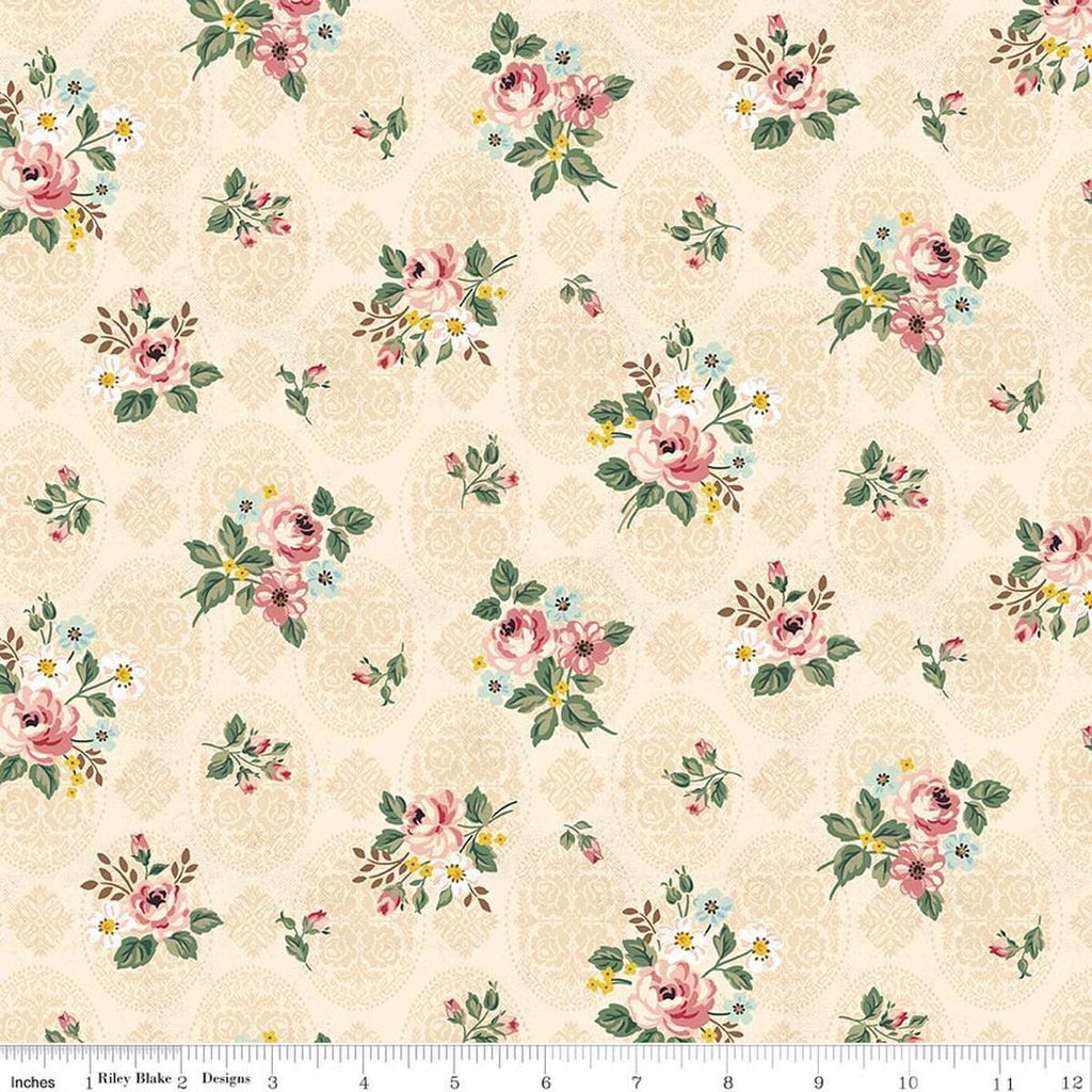 Image of Rose & Violet's Bouquet Des Fleurs Posy Cream quilting cotton fabric by Miss Rose Sister Violet for Riley Blake Designs. Features flowers on a cream background. Cute Little Fabric Shop