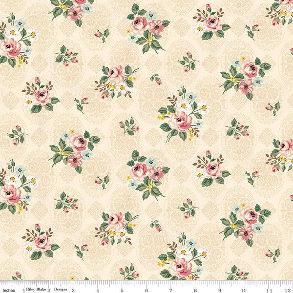 Image of Rose & Violet's Bouquet Des Fleurs Posy Cream quilting cotton fabric by Miss Rose Sister Violet for Riley Blake Designs. Features flowers on a cream background. Cute Little Fabric Shop