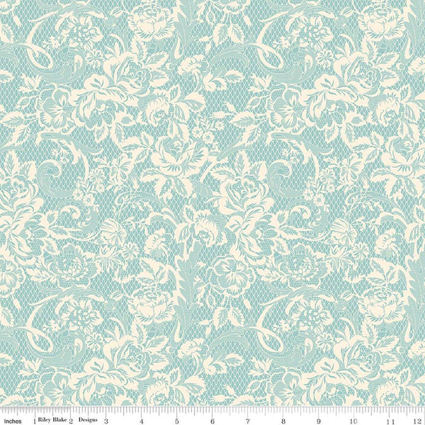 Image of Rose & Violet's Bouquet Des Fleurs Lace Blue quilting cotton fabric by Miss Rose Sister Violet for Riley Blake Designs. Features flowers on a blue background. Cute Little Fabric Shop