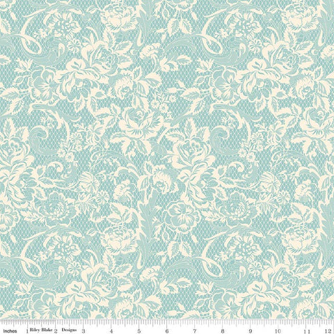 Image of Rose & Violet's Bouquet Des Fleurs Lace Blue quilting cotton fabric by Miss Rose Sister Violet for Riley Blake Designs. Features flowers on a blue background. Cute Little Fabric Shop