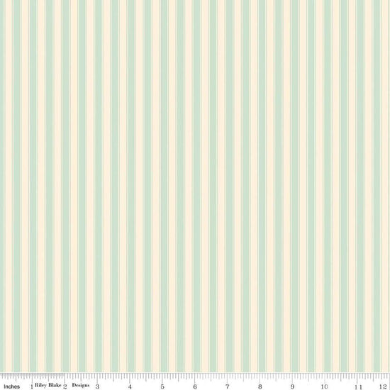Image of Rose & Violet's Bouquet Des Fleurs Stripes Mint quilting cotton fabric by Miss Rose Sister Violet for Riley Blake Designs. Features stripes on a green background. Cute Little Fabric Shop
