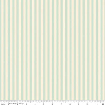 Image of Rose & Violet's Bouquet Des Fleurs Stripes Mint quilting cotton fabric by Miss Rose Sister Violet for Riley Blake Designs. Features stripes on a green background. Cute Little Fabric Shop