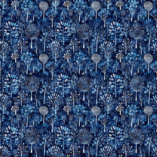 2 Yard 27" End of Bolt - Night Owls Trees WIDEBACK 31077 Navy N - QT Fabrics - 108" - Plants Nature - Quilting Cotton Fabric
