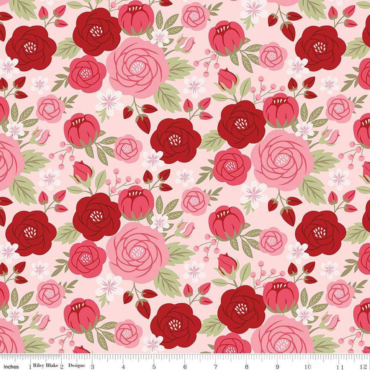 Image of Sew In Love Main Blush quilting cotton fabric by Dan Mogstad for Riley Blake Designs. Features flowers on a pink background. Cute Little Fabric Shop