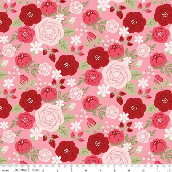 Image of Sew In Love Main Rose quilting cotton fabric by Dan Mogstad for Riley Blake Designs. Features flowers on a pink background. Cute Little Fabric Shop