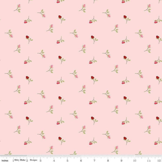 Image of Sew In Love Rosebuds Blush quilting cotton fabric by Dan Mogstad for Riley Blake Designs. Features roses on a pink background. Cute Little Fabric Shop