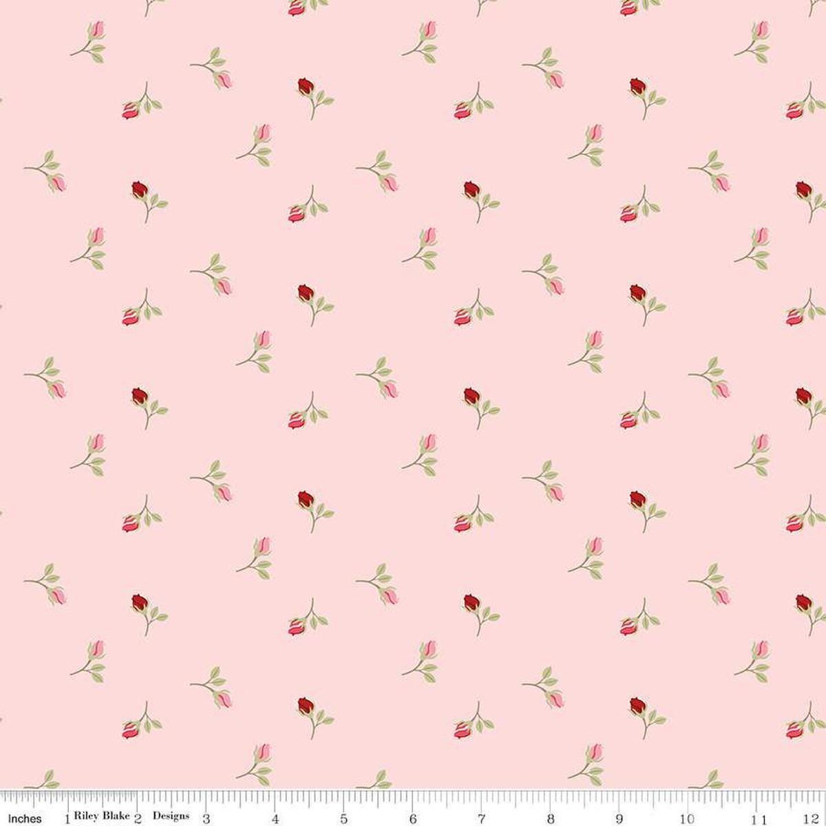 Image of Sew In Love Rosebuds Blush quilting cotton fabric by Dan Mogstad for Riley Blake Designs. Features roses on a pink background. Cute Little Fabric Shop