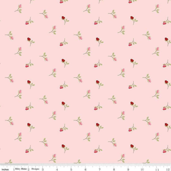 Image of Sew In Love Rosebuds Blush quilting cotton fabric by Dan Mogstad for Riley Blake Designs. Features roses on a pink background. Cute Little Fabric Shop