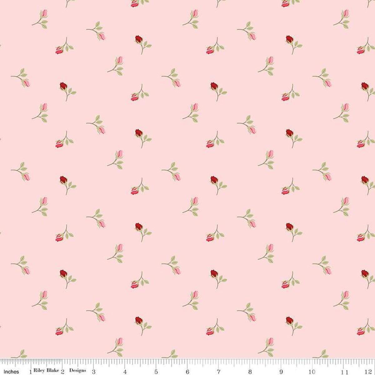 Image of Sew In Love Rosebuds Blush quilting cotton fabric by Dan Mogstad for Riley Blake Designs. Features roses on a pink background. Cute Little Fabric Shop