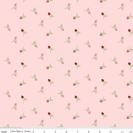 Image of Sew In Love Rosebuds Blush quilting cotton fabric by Dan Mogstad for Riley Blake Designs. Features roses on a pink background. Cute Little Fabric Shop