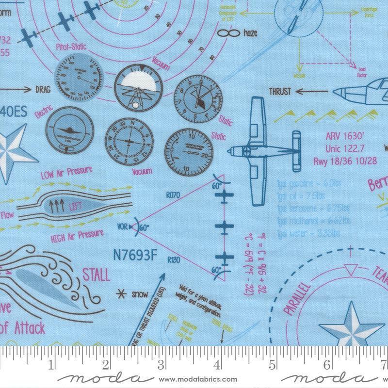 Image of High Flight Blueprint Sky quilting cotton fabric by Sariditty for Moda Fabric. Features blueprint on a blue background. Cute Little Fabric Shop