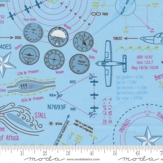 Image of High Flight Blueprint Sky quilting cotton fabric by Sariditty for Moda Fabric. Features blueprint on a blue background. Cute Little Fabric Shop