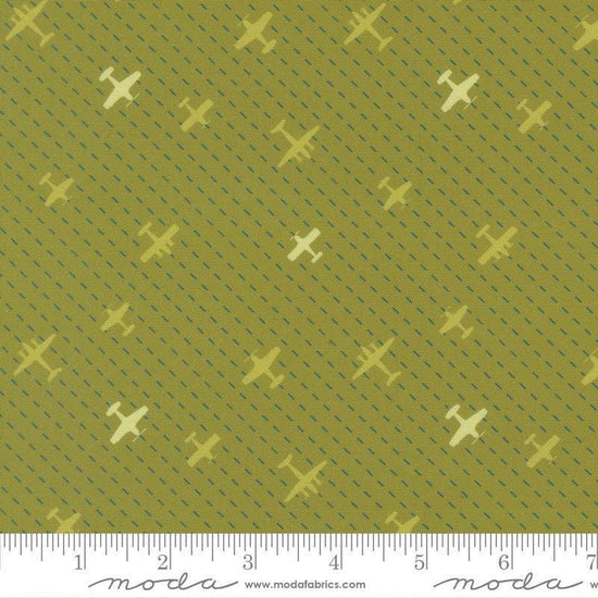 Image of High Flight Airplanes Grass quilting cotton fabric by Sariditty for Moda Fabric. Features airplanes on a green background. Cute Little Fabric Shop