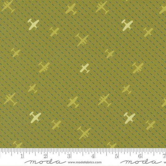 Image of High Flight Airplanes Grass quilting cotton fabric by Sariditty for Moda Fabric. Features airplanes on a green background. Cute Little Fabric Shop
