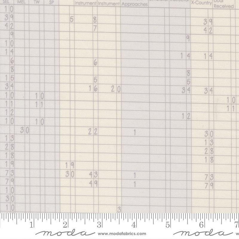Image of High Flight Logbook Smoke quilting cotton fabric by Sariditty for Moda Fabric. Features spreadsheet on a beige background. Cute Little Fabric Shop