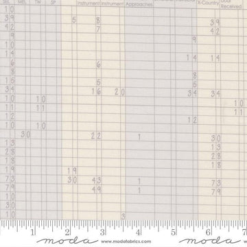 Image of High Flight Logbook Smoke quilting cotton fabric by Sariditty for Moda Fabric. Features spreadsheet on a beige background. Cute Little Fabric Shop