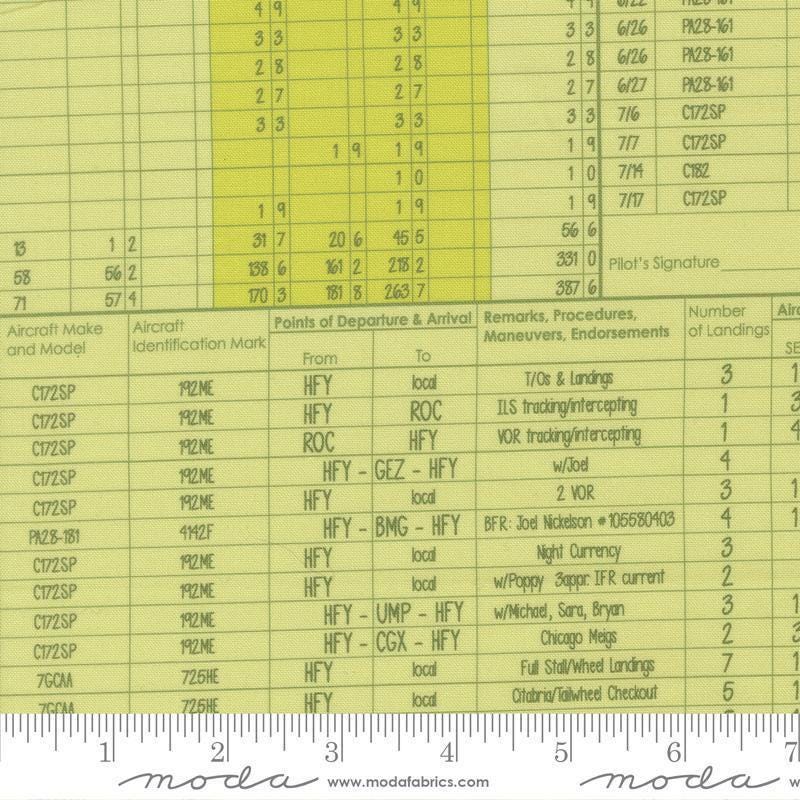 Image of High Flight Logbook Leaf quilting cotton fabric by Sariditty for Moda Fabric. Features spreadsheet on a yellow background. Cute Little Fabric Shop