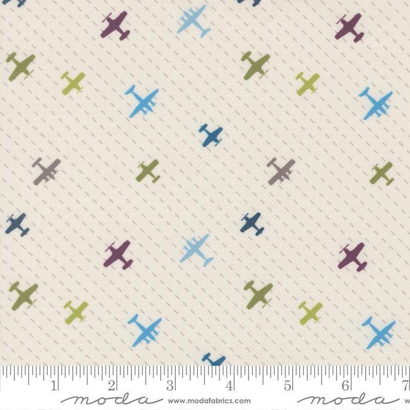 Image of High Flight Airplanes Cloud quilting cotton fabric by Sariditty for Moda Fabric. Features airplanes on a beige background. Cute Little Fabric Shop