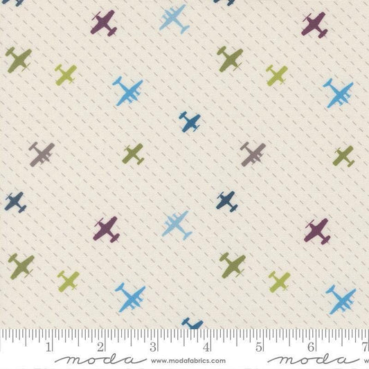 Image of High Flight Airplanes Cloud quilting cotton fabric by Sariditty for Moda Fabric. Features airplanes on a beige background. Cute Little Fabric Shop