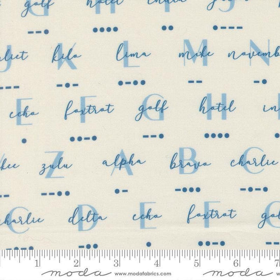 Image of High Flight Morse Cloud quilting cotton fabric by Sariditty for Moda Fabric. Features text on a beige background. Cute Little Fabric Shop