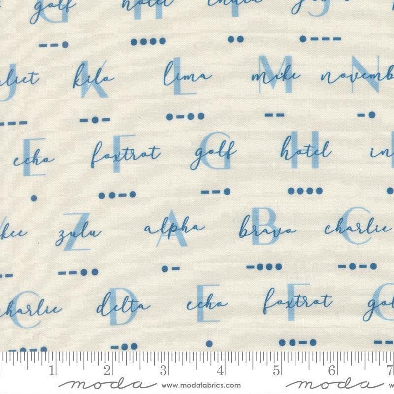 Image of High Flight Morse Cloud quilting cotton fabric by Sariditty for Moda Fabric. Features text on a beige background. Cute Little Fabric Shop