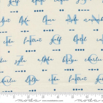Image of High Flight Morse Cloud quilting cotton fabric by Sariditty for Moda Fabric. Features text on a beige background. Cute Little Fabric Shop