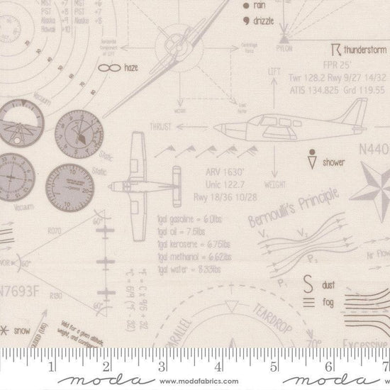 Image of High Flight Blueprint Smoke quilting cotton fabric by Sariditty for Moda Fabric. Features blueprint on a beige background. Cute Little Fabric Shop