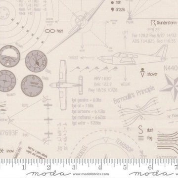 Image of High Flight Blueprint Smoke quilting cotton fabric by Sariditty for Moda Fabric. Features blueprint on a beige background. Cute Little Fabric Shop