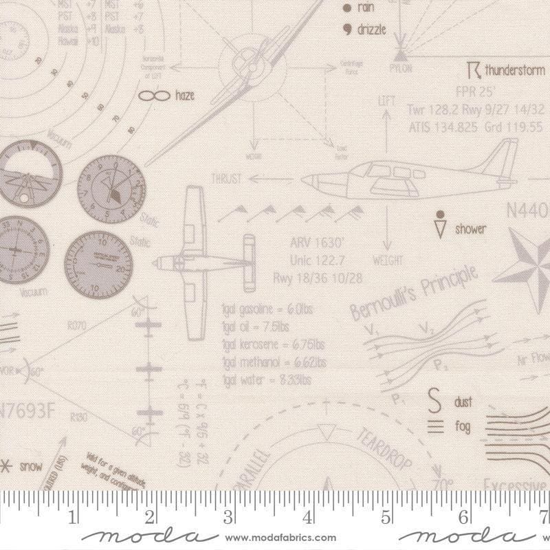 Image of High Flight Blueprint Smoke quilting cotton fabric by Sariditty for Moda Fabric. Features blueprint on a beige background. Cute Little Fabric Shop