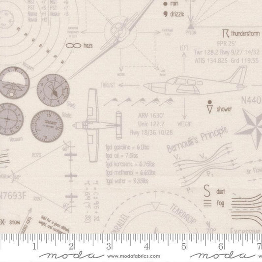 Image of High Flight Blueprint Smoke quilting cotton fabric by Sariditty for Moda Fabric. Features blueprint on a beige background. Cute Little Fabric Shop