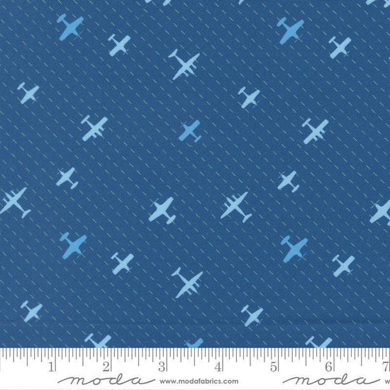 Image of High Flight Airplanes Harbor quilting cotton fabric by Sariditty for Moda Fabric. Features airplanes on a blue background. Cute Little Fabric Shop