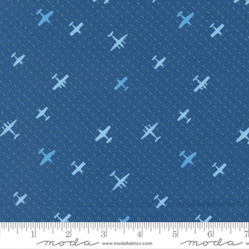 Image of High Flight Airplanes Harbor quilting cotton fabric by Sariditty for Moda Fabric. Features airplanes on a blue background. Cute Little Fabric Shop