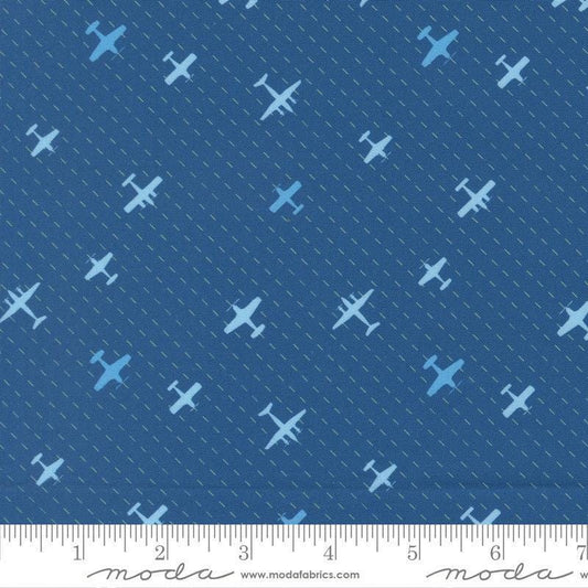 Image of High Flight Airplanes Harbor quilting cotton fabric by Sariditty for Moda Fabric. Features airplanes on a blue background. Cute Little Fabric Shop